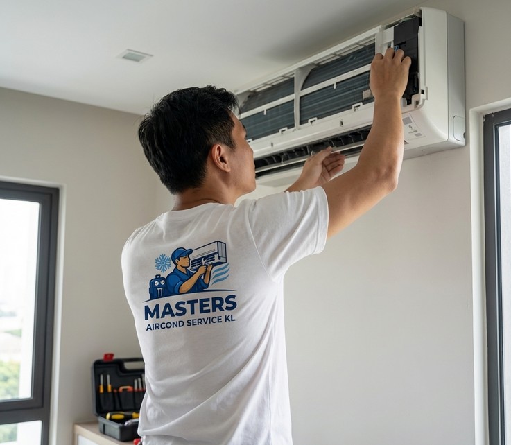 Professional aircond technician servicing unit in KL
